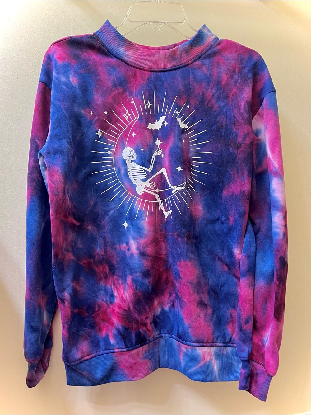 Tie-Dye Skeleton Moon Crewneck Sweatshirt Blue & Purple Size S Halloween Sweater